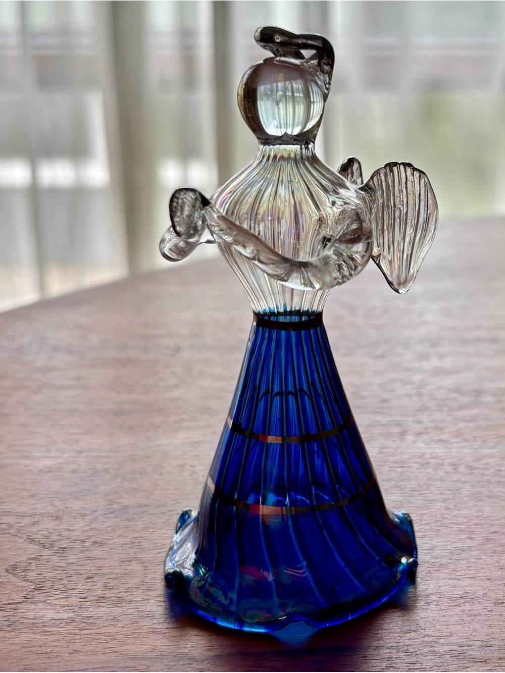 Hand-blown glass angel figurine blue flared dress with delicate gold stripes